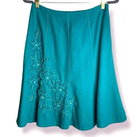 Sag Harbor Petite Linen Blend Teal Blue Green 3D Floral A-Line Skirt Size 6P - Picture 1 of 9